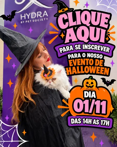 Tutora fantasiada de bruxa com um gato persa de chapéu de bruxa. Clique aqui para se inscrever no nosso evento de Halloween, dia 1º de novembro, das 14h às 17h.