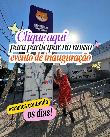 Fachada do novo espaço do Shiba Pet Care em obras, com a placa da loja. Clique aqui para participar do nosso evento de inauguração — você não vai querer perder!